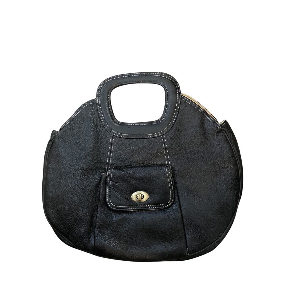 PAIGE NOVICK Purse Handbag Clutch Black Leather 1 Outter Pocket 1 Inner/ Round
